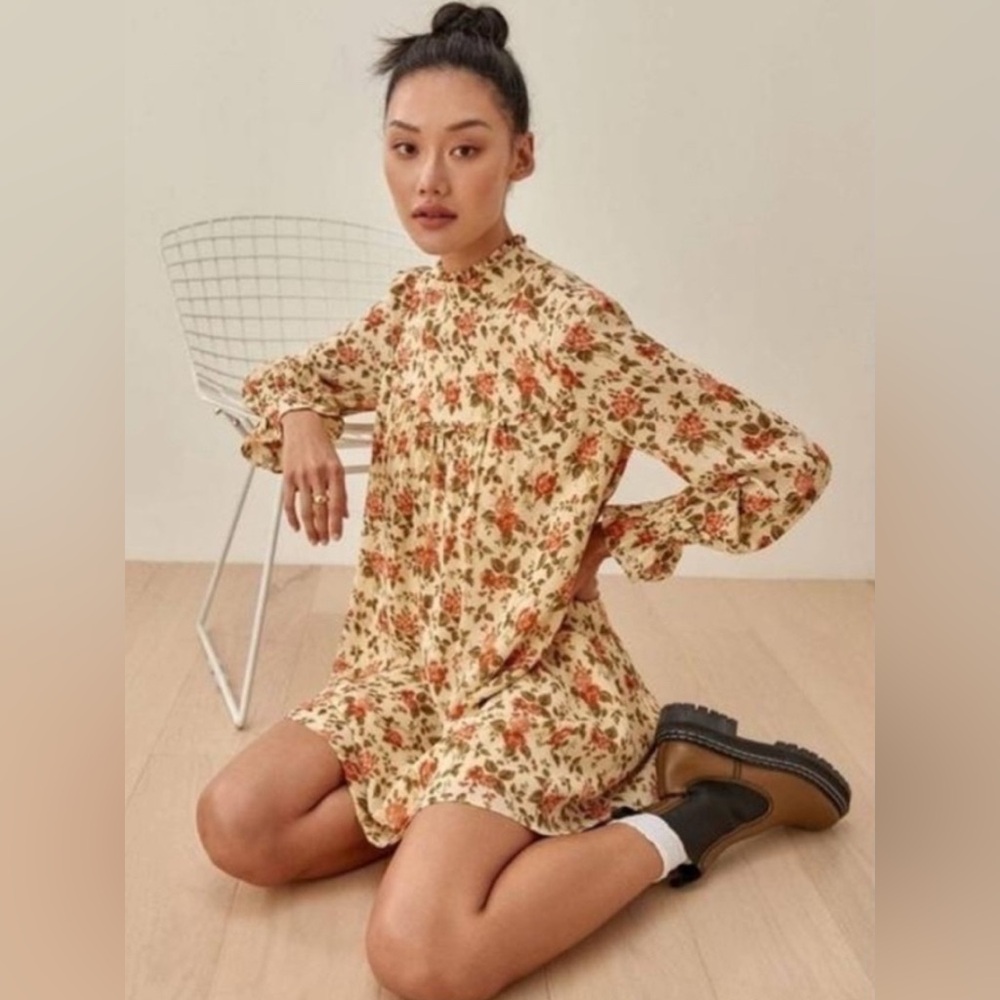 REFORMATION Jourdan Mini Dress Crepe Textured Ruffled Varenna Color/Floral XS
